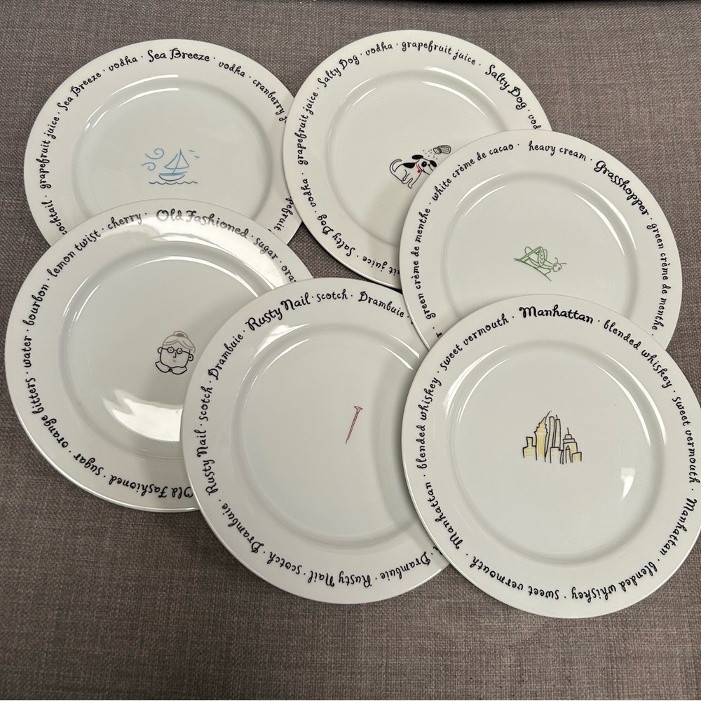 POTTERY BARN Bar Lingo  6-pcs Appetizer Plates Cocktails Drink Recipe #1115251B